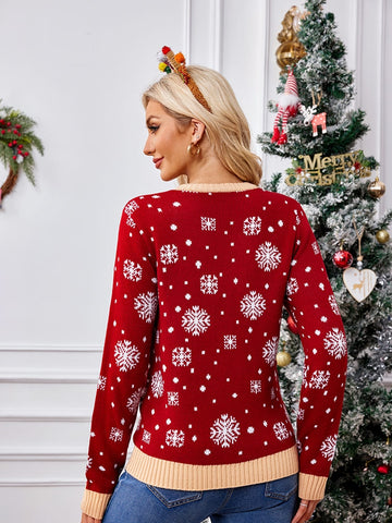 Casual Crewneck Embroidered Sweater â€?Santa Claus & Penguin