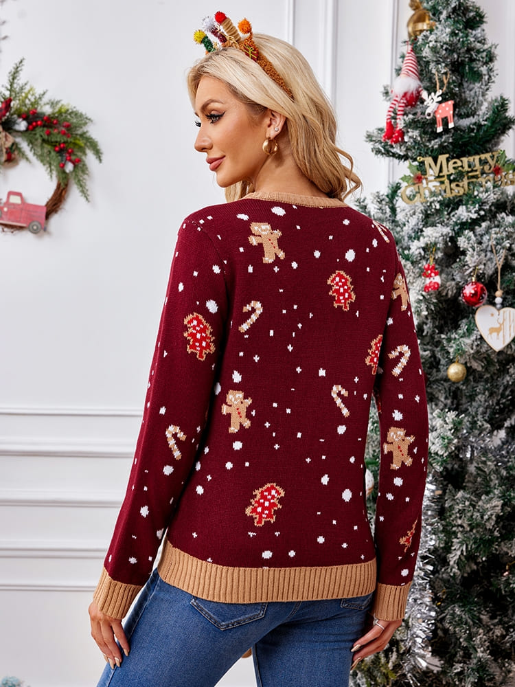 Casual Crewneck Embroidered Sweater â€?Gingerbread Man
