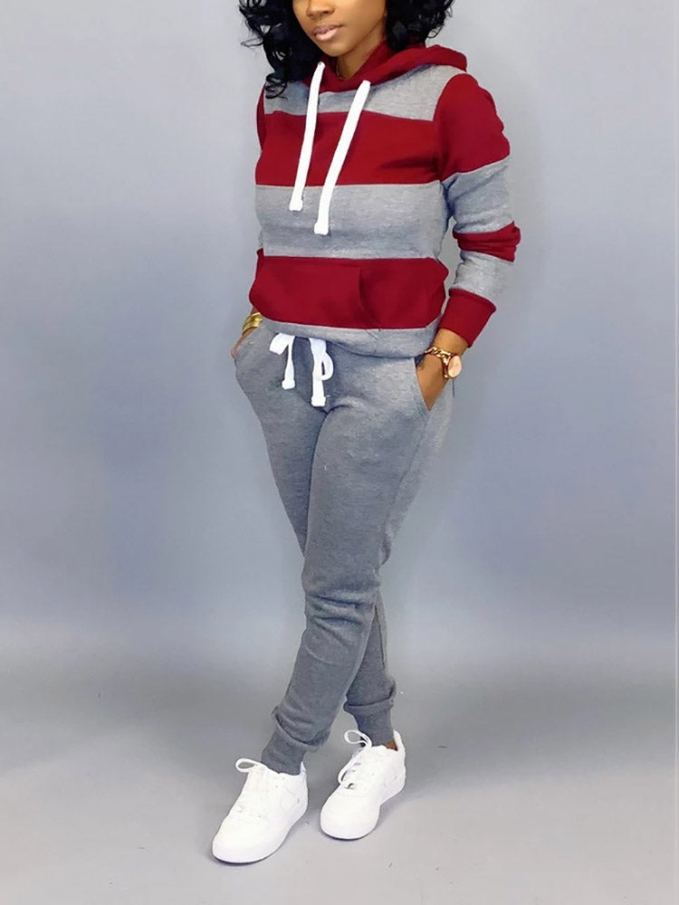 Striped Kangaroo Pocket Hooded Pants Set