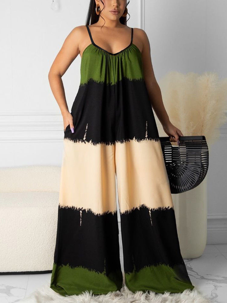 Colorblock Spaghetti Strap Loose Jumpsuits