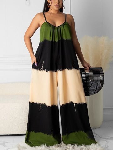Colorblock Spaghetti Strap Loose Jumpsuits
