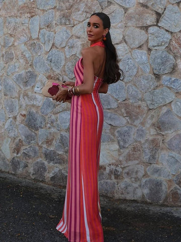 Sunset Samba Cross-Halter Stripe Dress