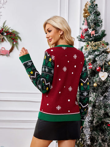 Crewneck Embroidered Sweater â€?Christmas Tree & Dinosaur