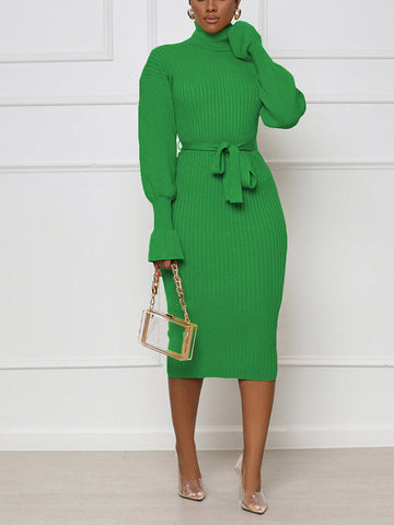 Turtleneck Knit Tie Waist Dresses
