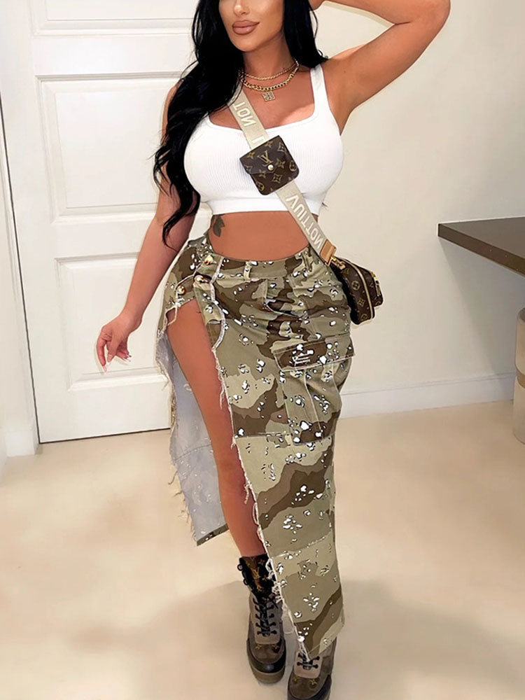 Camo Denim Button High Split Skirts