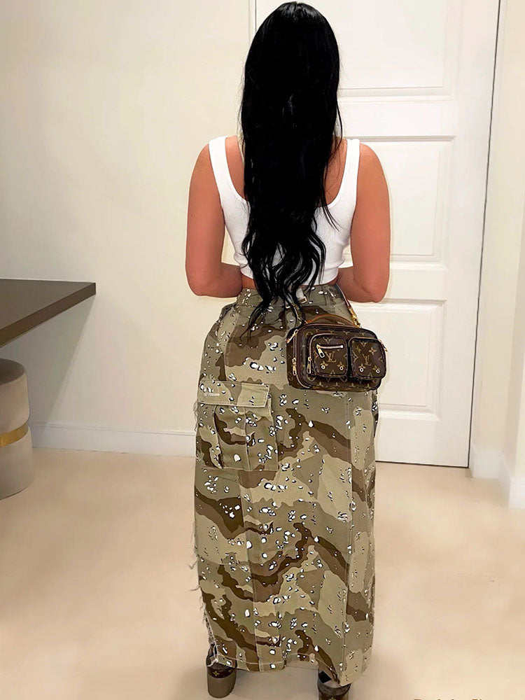 Camo Denim Button High Split Skirts