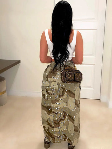 Camo Denim Button High Split Skirts