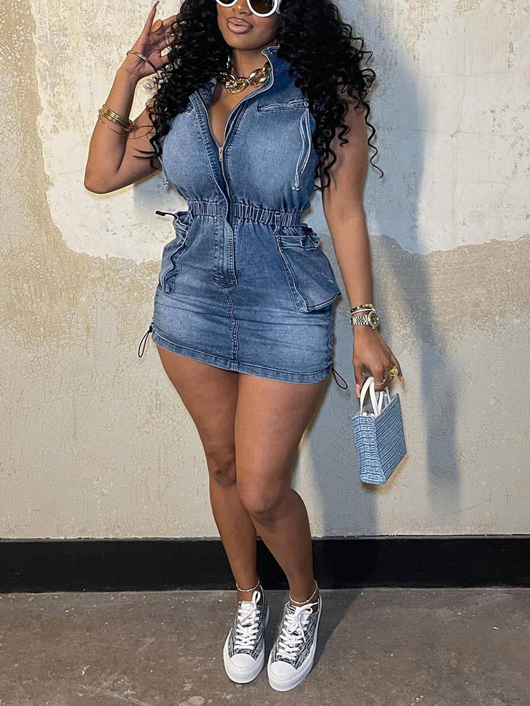 Denim Drawstring Sleeveless Dresses