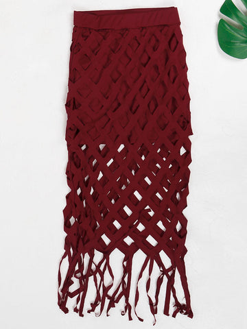 Hollow Out Crop Top Fringed Skirt Set
