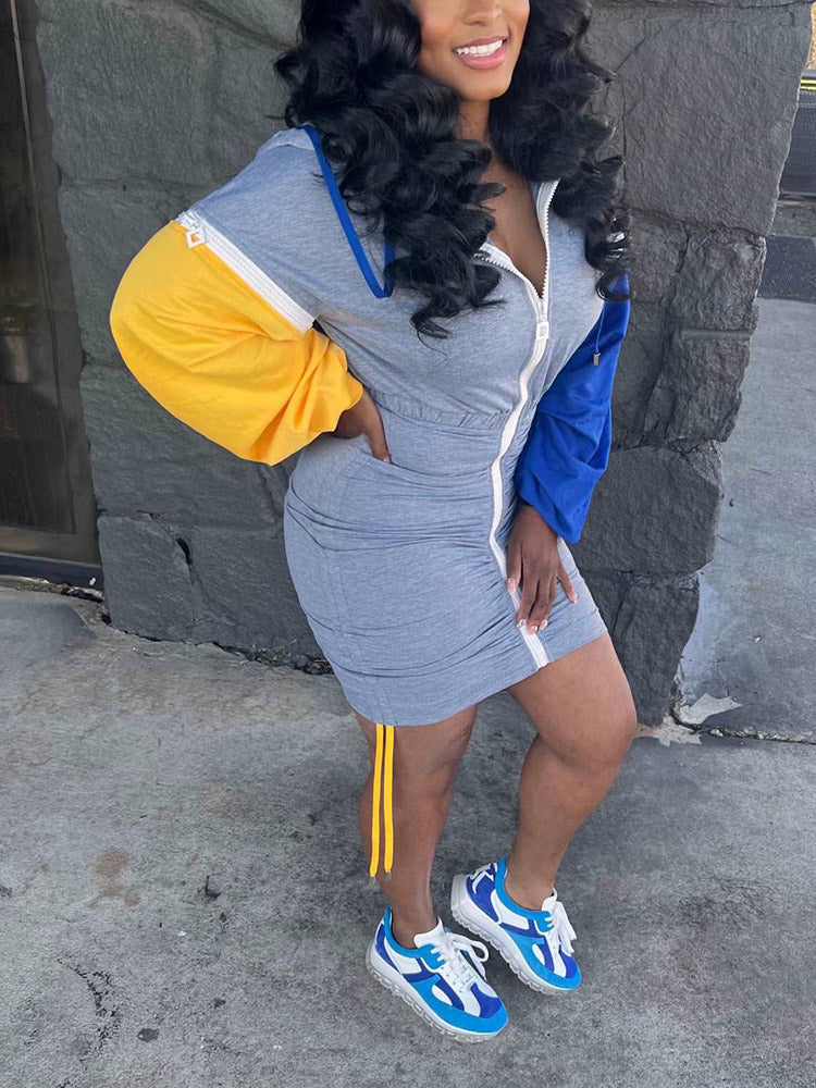Hoodie Color Block Ruched Dresses