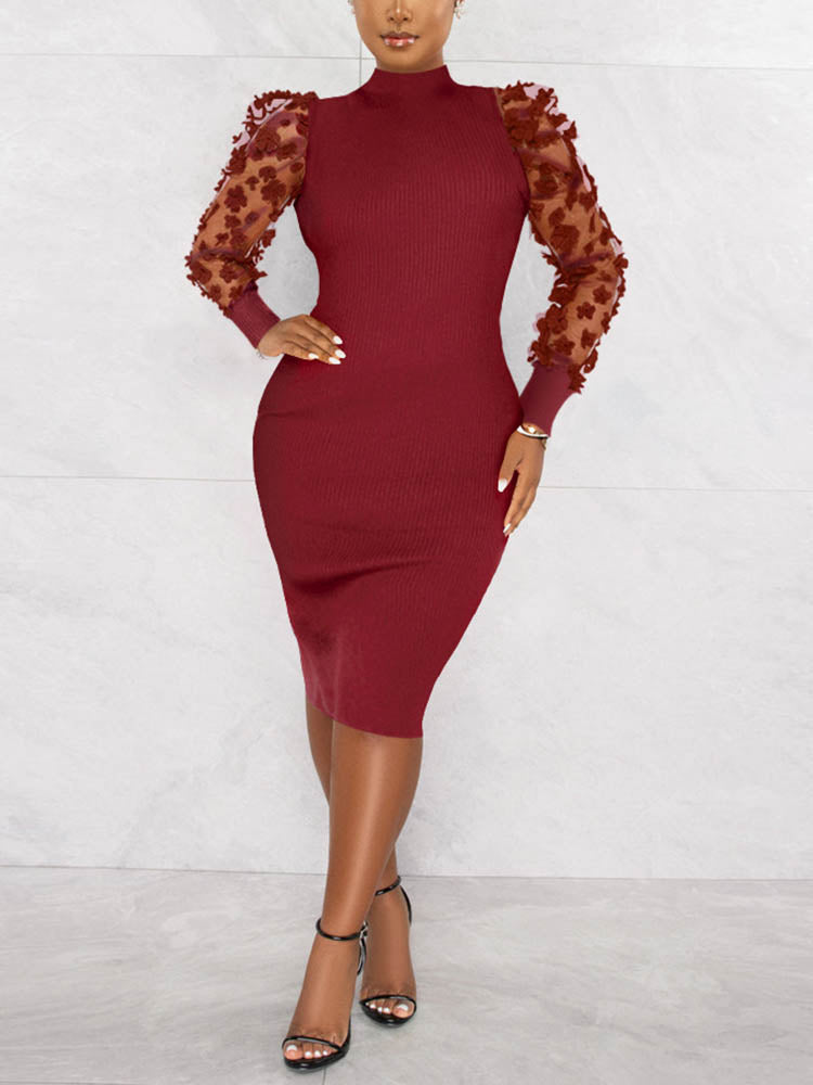 Mesh Puff Sleeve Ribbed Midi Dresses