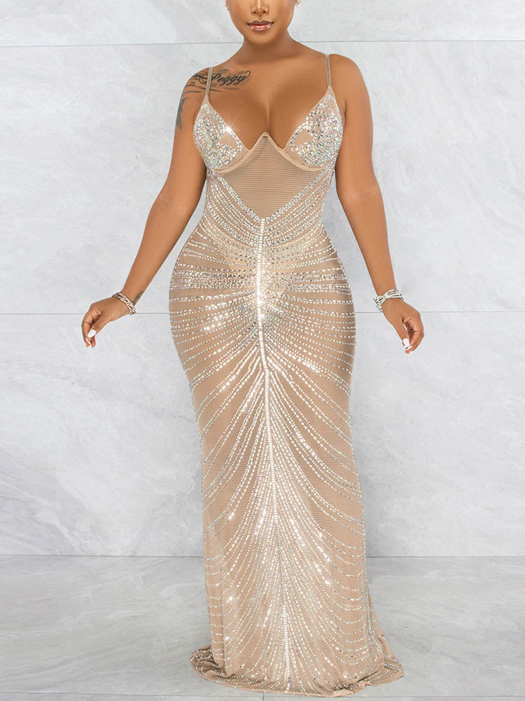 Sheer Mesh Rhinestone Party Dresses