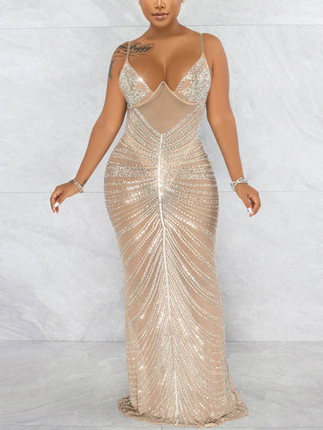 Sheer Mesh Rhinestone Party Dresses