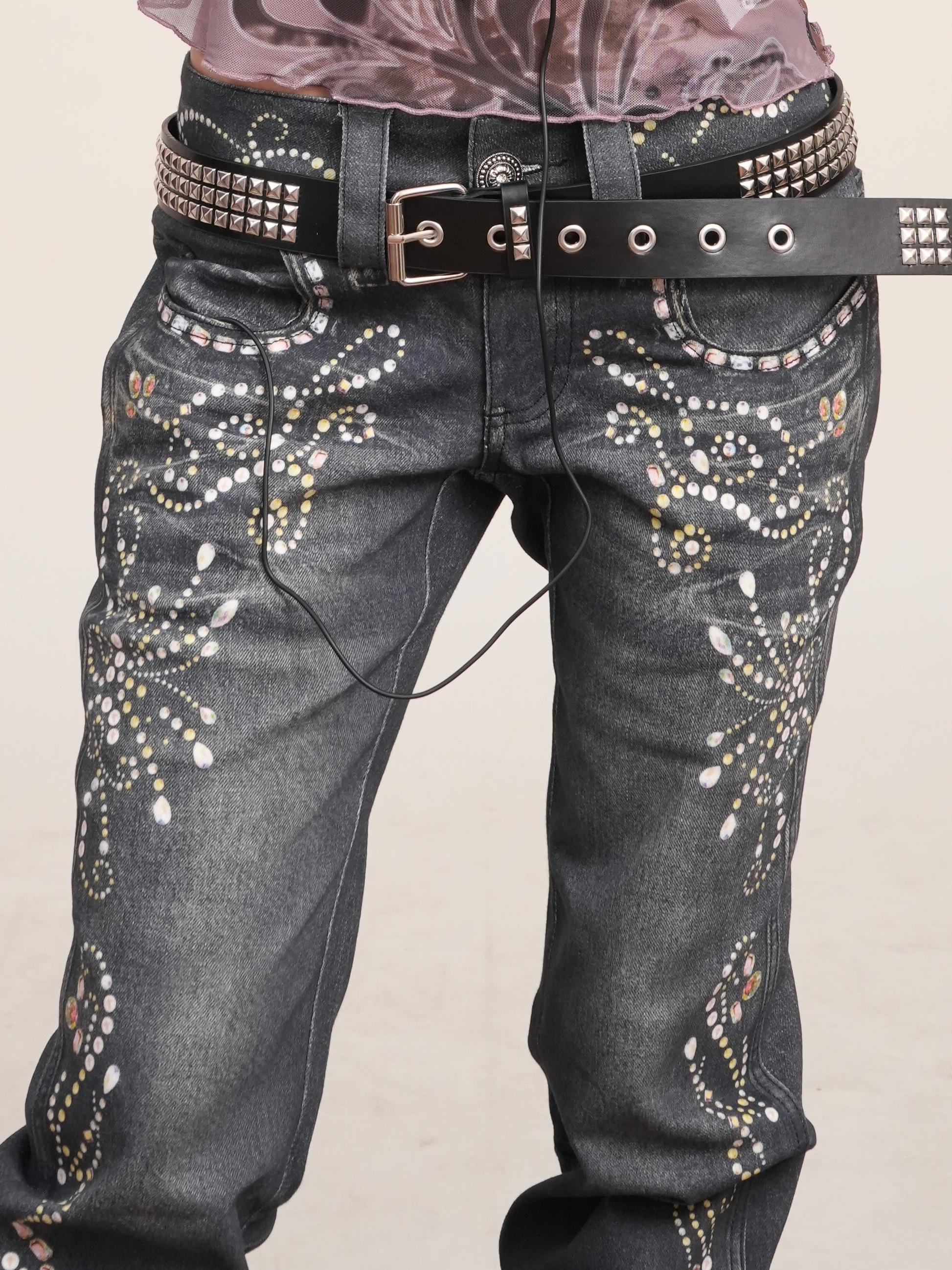 Rhinestone Pattern Silhouette Flared Jeans
