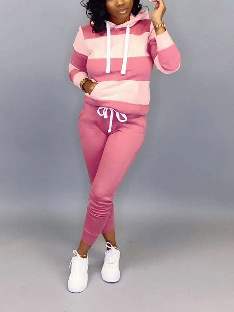 Striped Kangaroo Pocket Hooded Pants Set