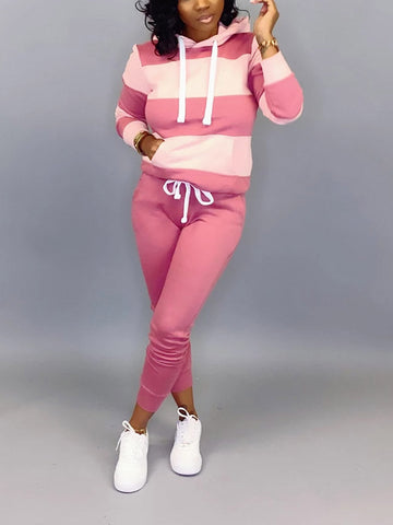 Striped Kangaroo Pocket Hooded Pants Set