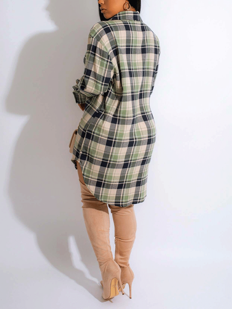Long Sleeve Plaid Buckle Shirt Dresses