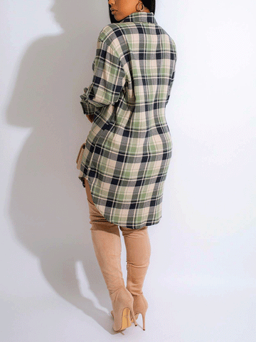 Long Sleeve Plaid Buckle Shirt Dresses