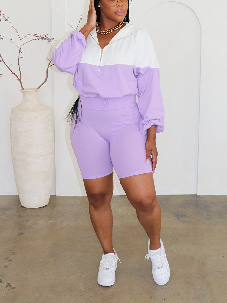 Half Zip Hoodie Biker Shorts Set