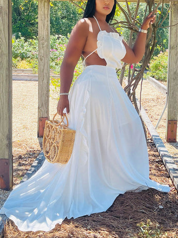 Ruffle Halter Backless Maxi Dresses