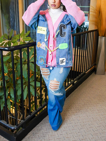 Button Denim Knit Cardigans