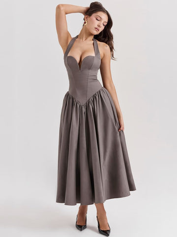 Halter Neck Midi Dress with Side Slit - Smoky Gray