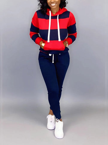 Striped Kangaroo Pocket Hooded Pants Set
