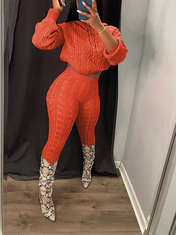 Knit Hoodie Crop Top Pants Set