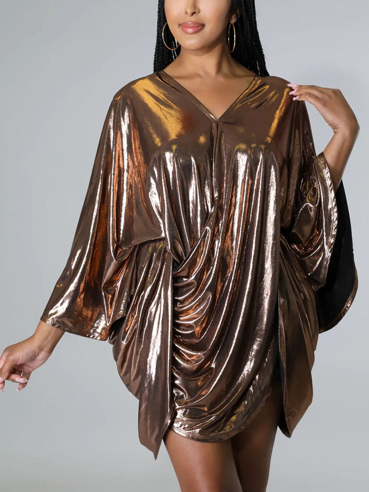 Glitter Batwing Sleeves Backless Mini Dresses