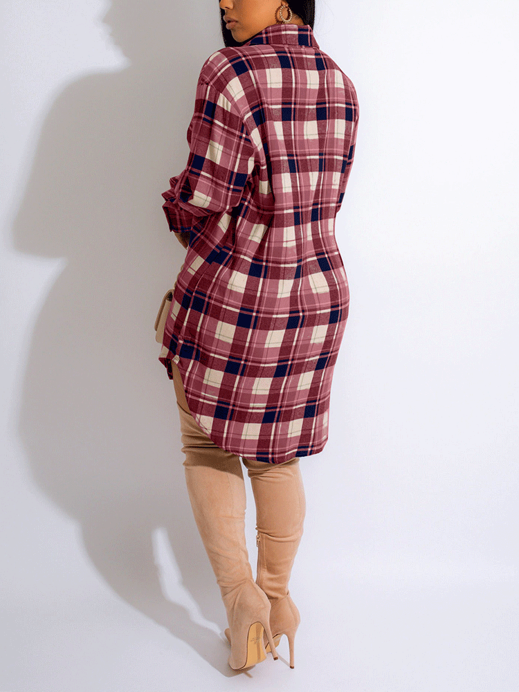 Long Sleeve Plaid Buckle Shirt Dresses