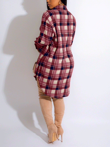 Long Sleeve Plaid Buckle Shirt Dresses