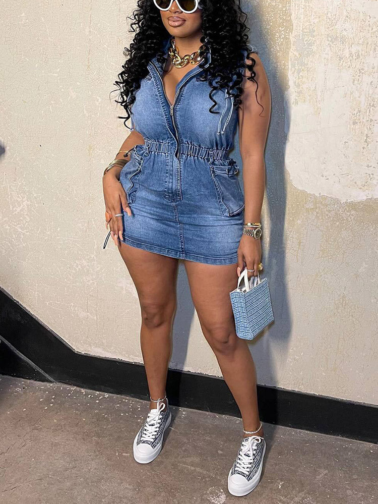 Denim Drawstring Sleeveless Dresses