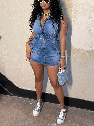 Denim Drawstring Sleeveless Dresses