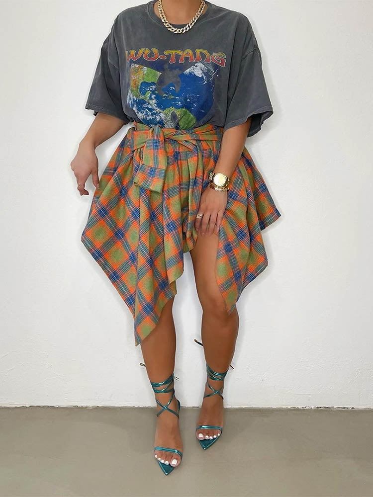 Asymmetric Plaid Midi Skirts