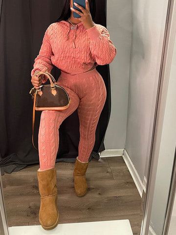 Knit Hoodie Crop Top Pants Set