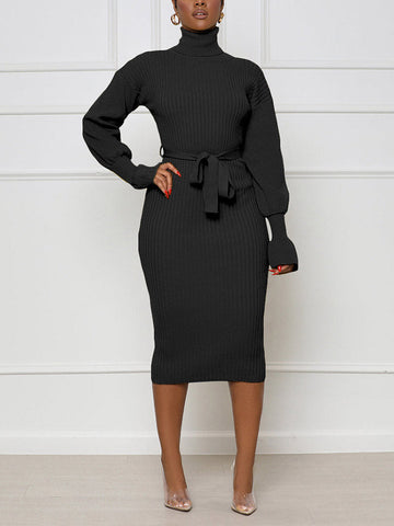 Turtleneck Knit Tie Waist Dresses