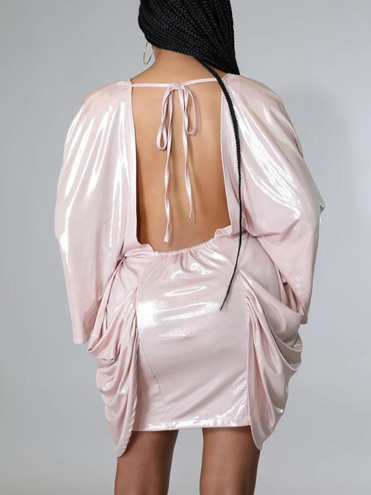 Glitter Batwing Sleeves Backless Mini Dresses