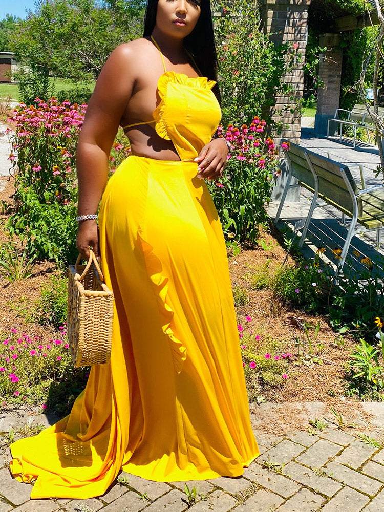 Ruffle Halter Backless Maxi Dresses