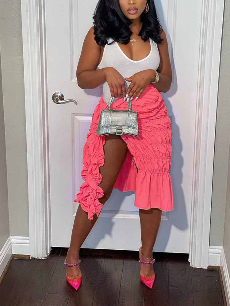 Solid Slit Tie Ruched Skirts