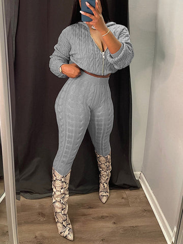 Knit Hoodie Zipper Top Pants Set