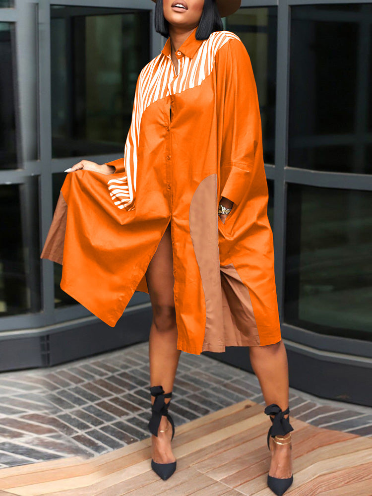 Colorblock Turndown Collar Shirt Dresses