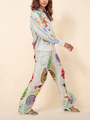 Ocean Theme Print Pants-Set