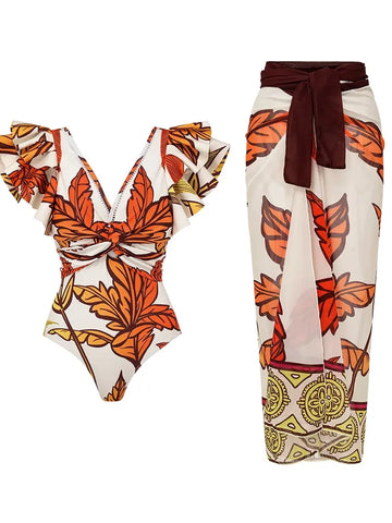 Maple Print Swimsuit Set Trio