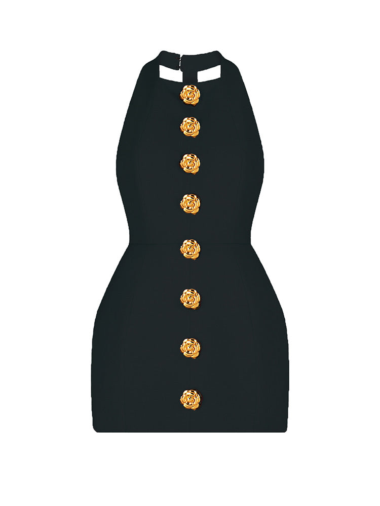 Halter Gold Button Mini Dresses