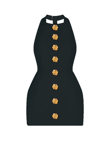 Halter Gold Button Mini Dresses