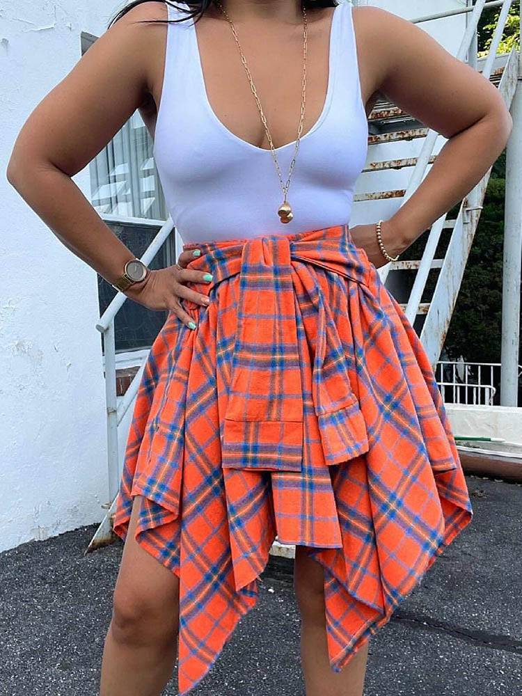 Asymmetric Plaid Midi Skirts