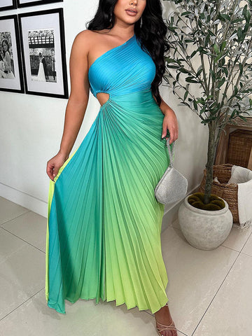 Ombre One Shoulder Pleated Dresses