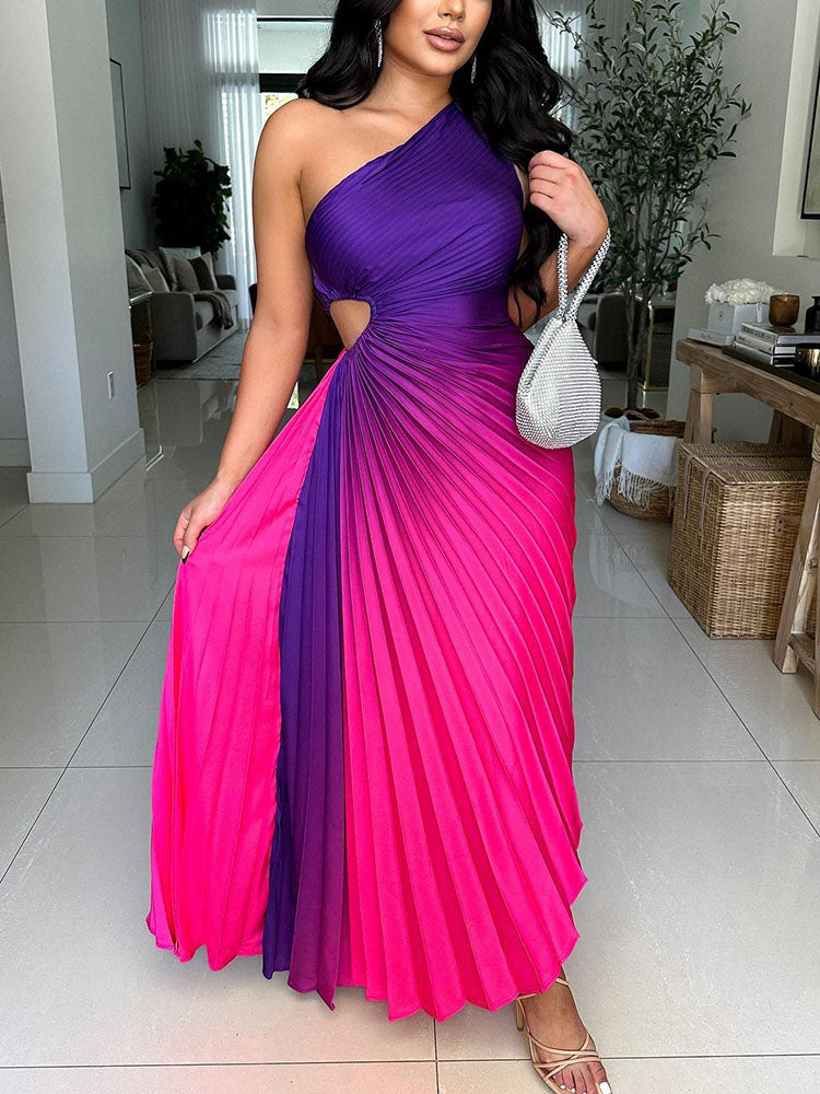 Ombre One Shoulder Pleated Dresses