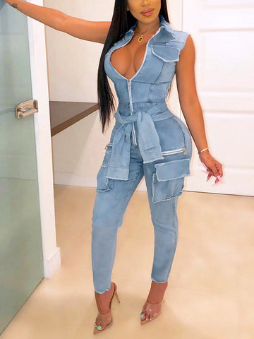 Sleeveless Cargo Denim Jumpsuits