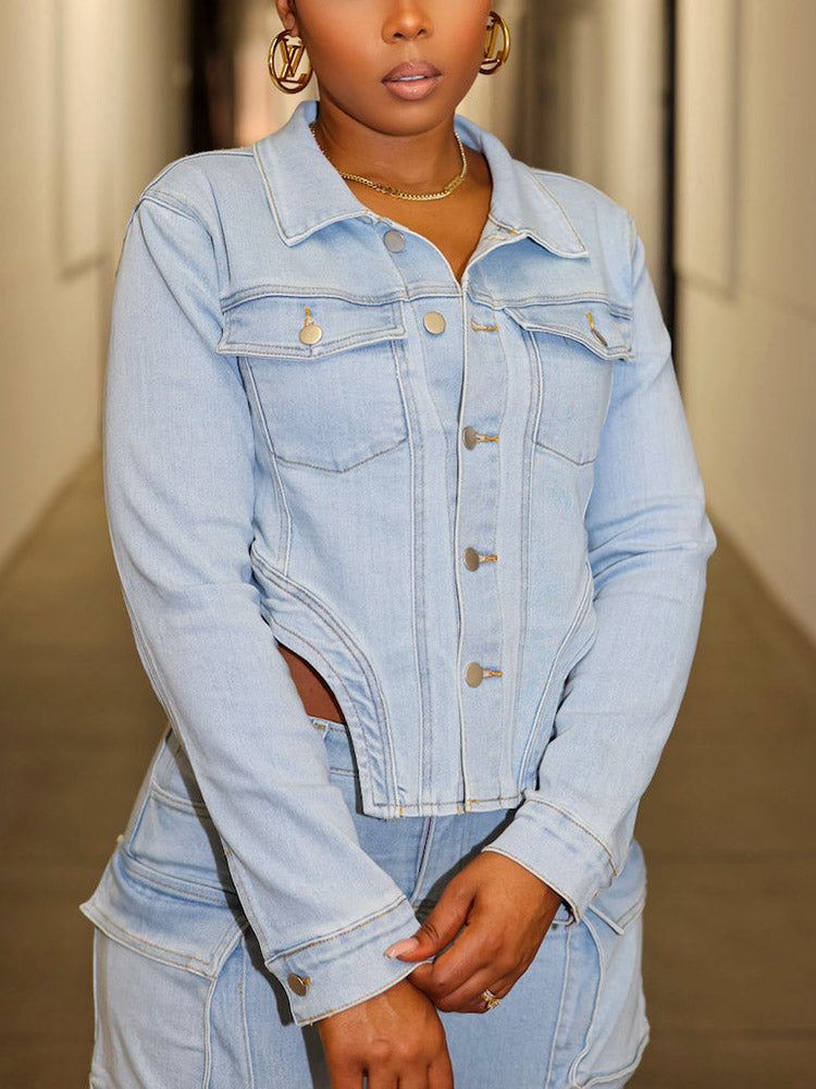 Denim Asymmetrical Jacket  Cargo Jeans Set